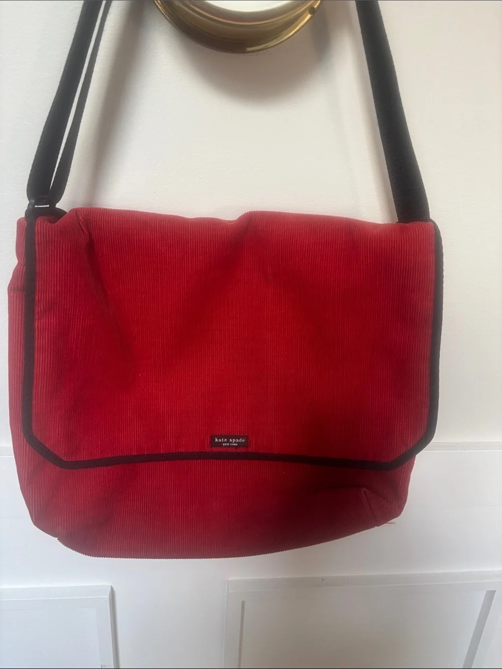 kate spade Red Corduroy Messenger Bag with Black Trim